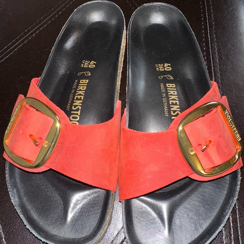 Birkenstock Madrid Red Sandals with Gold Big Buckle